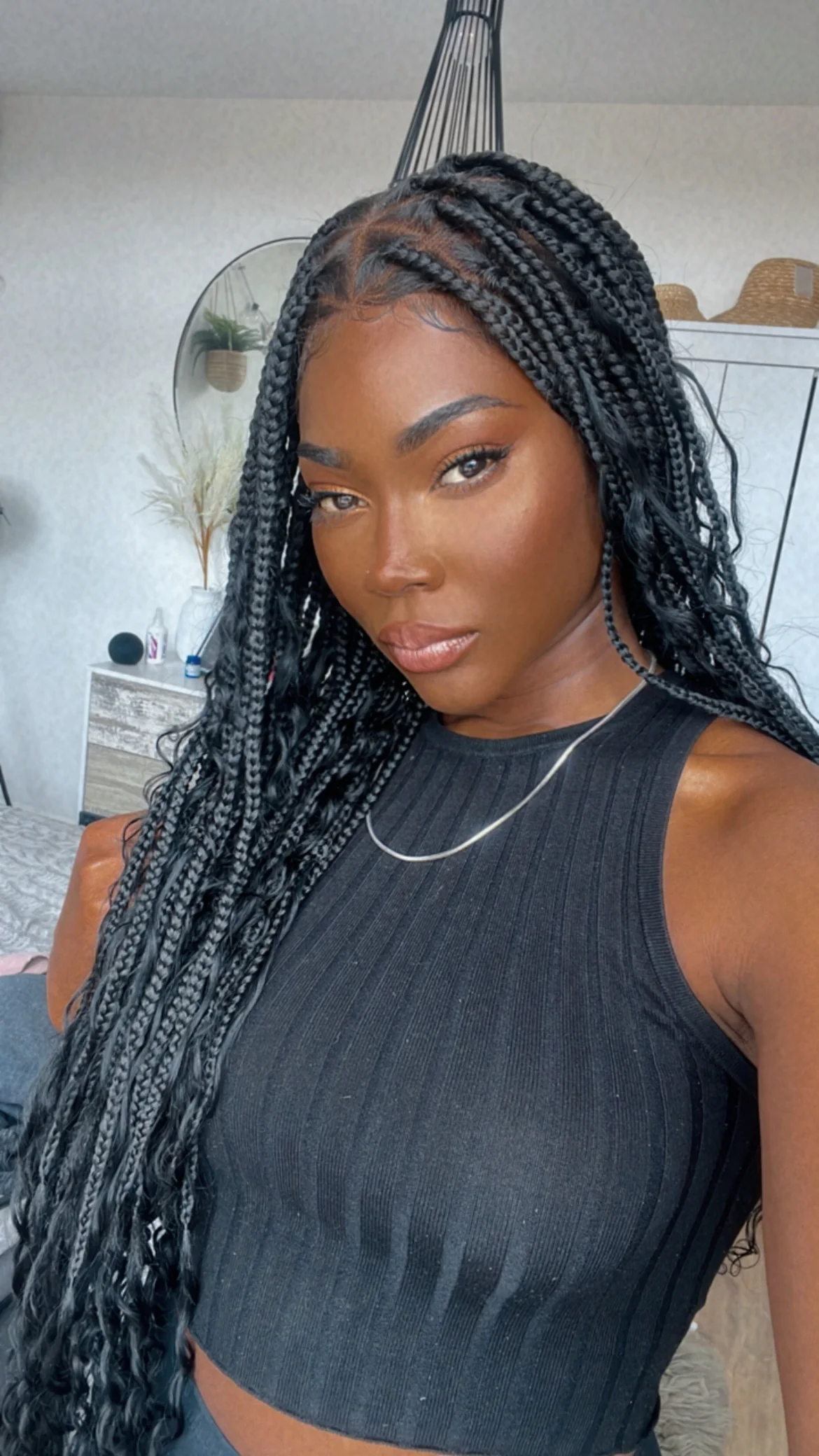 Human Hair Boho Curly Ends Knotless Box Braided Wig 36