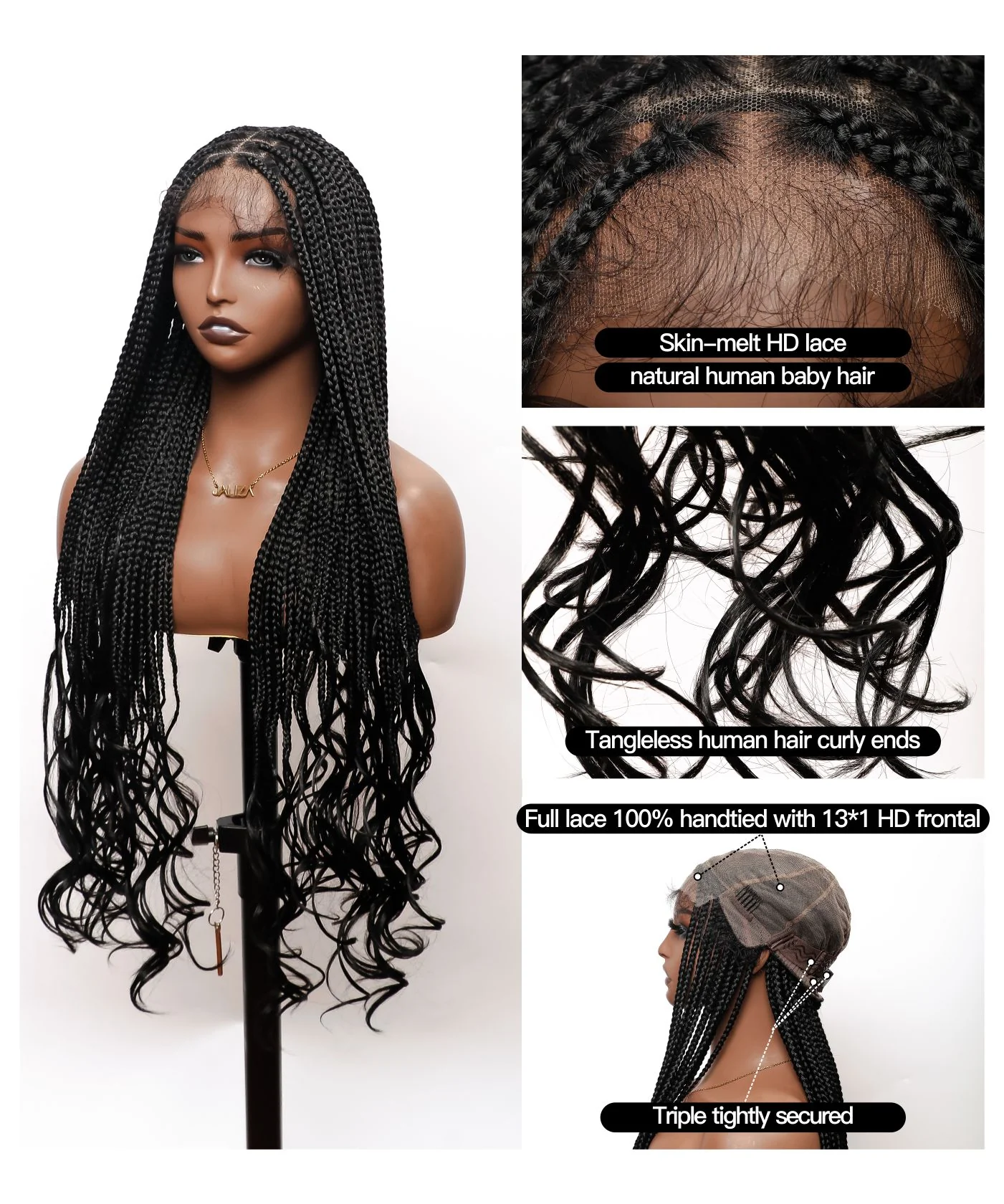 HD Lace Tangleless Human Hair Ends Knotless Small Box Full Hand-tied with Loose Curly Ends Braided Wig -100 Strands - Airhomei