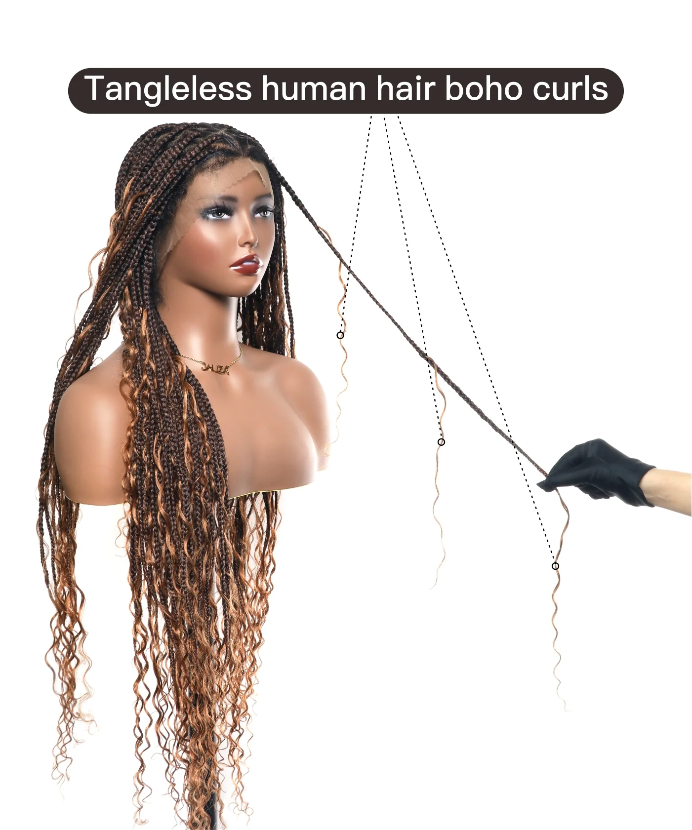 Triangle Base Full Lace Tangleless Human Hair Boho Curls Knotless Boho Box Braided Wig 36