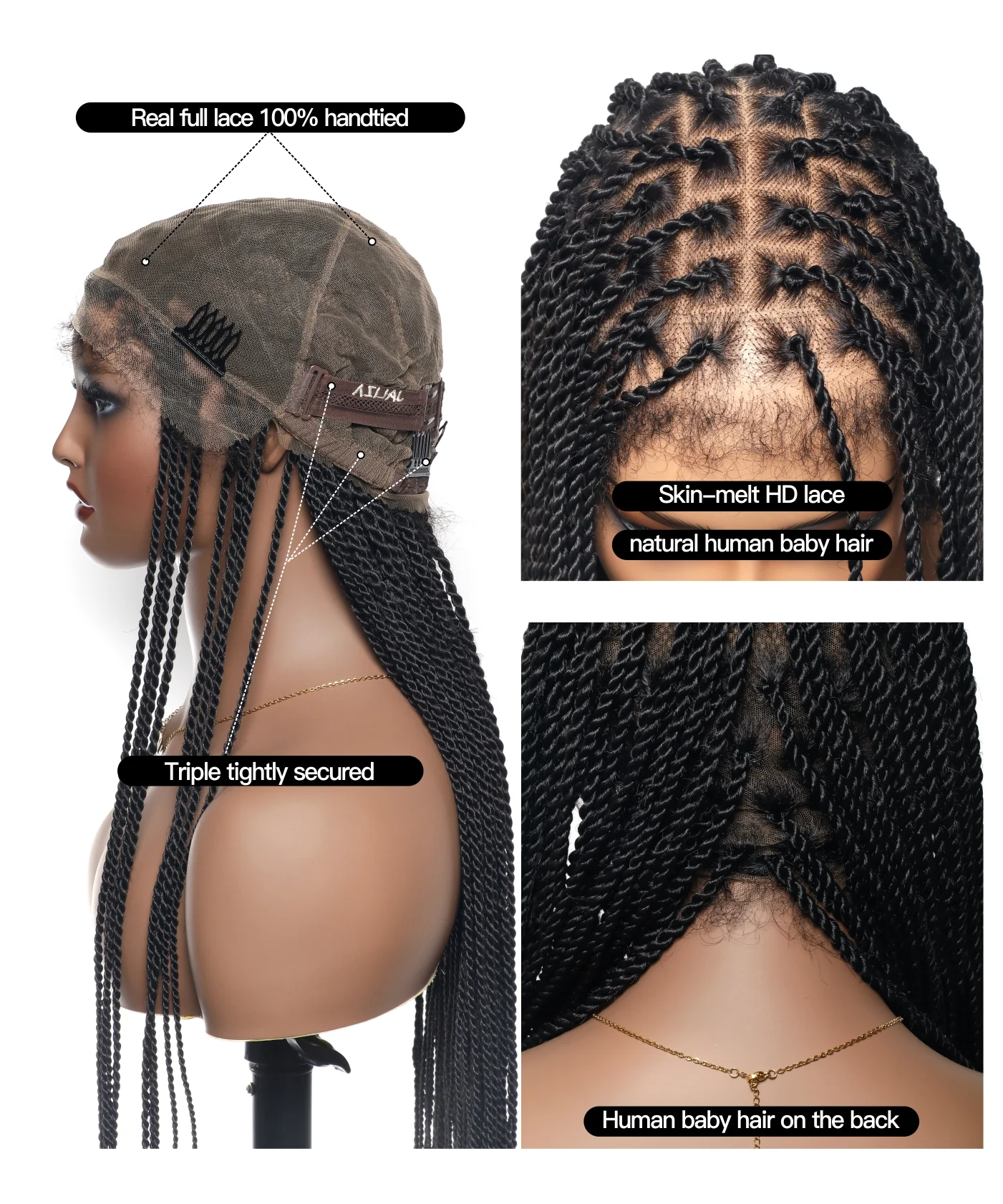 Pre Bleached Human Hair Senegalese Twist Style 36“ HD Lace High Density 100 Strands Braided Wig - Airhomei
