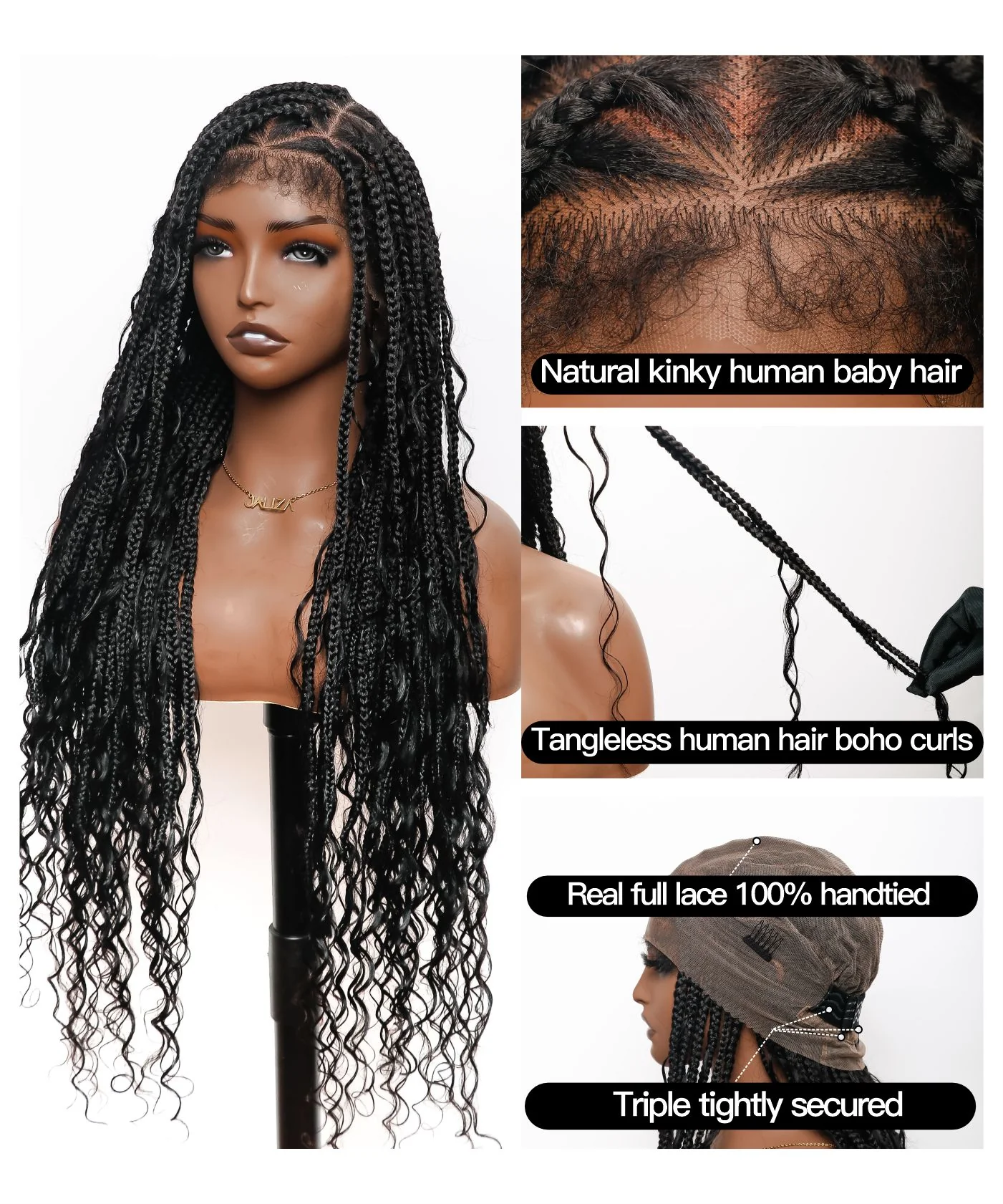 Triangle Base Full Lace Tangleless Human Hair Boho Curls Knotless Boho Box Braided Wig 36