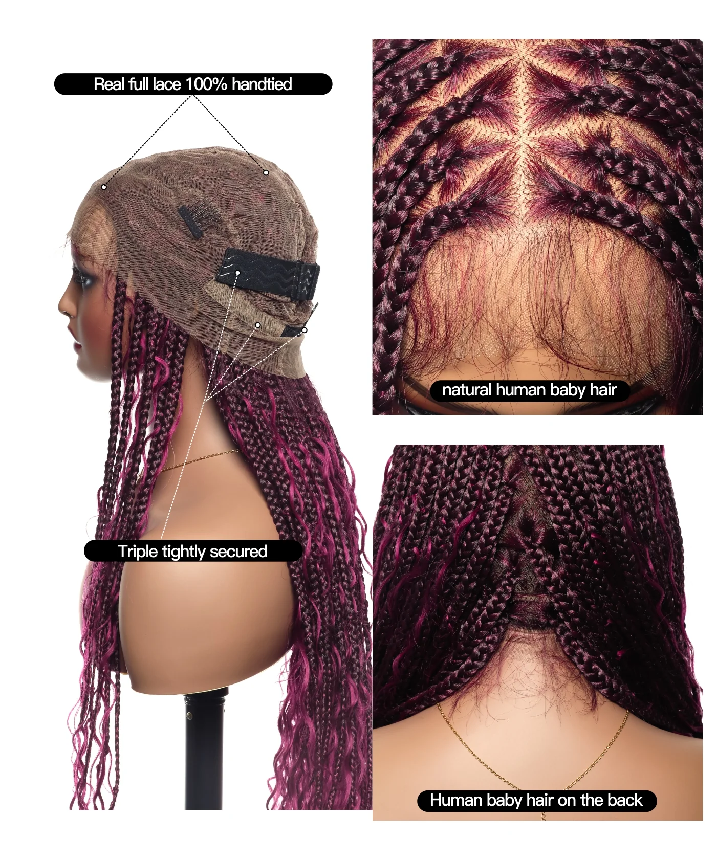 Triangle Base Full Lace Tangleless Human Hair Boho Curls Knotless Boho Box Braided Wig 36