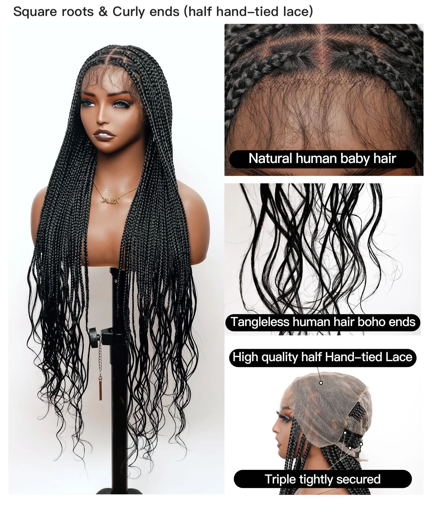 Human Hair Boho Curly Ends Knotless Box Braided Wig 36